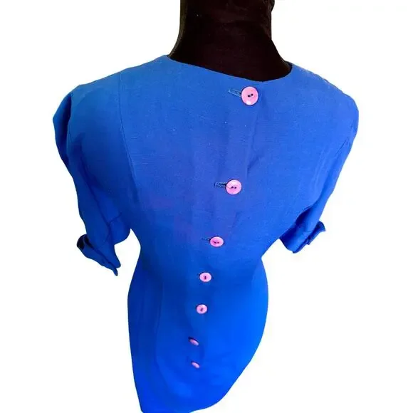 Vintage 70’s ILGWU Neiman Marcus Royal Blue Bow Sleeve Sheath Dress Small Medium - Picture 8 of 8